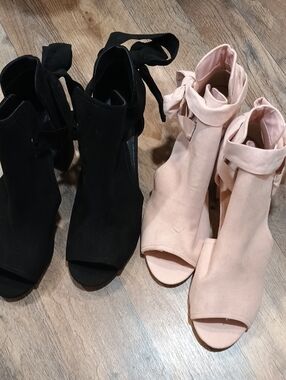JustFab Open-Toe Ankle Booties with Back Tie — Black & Blush